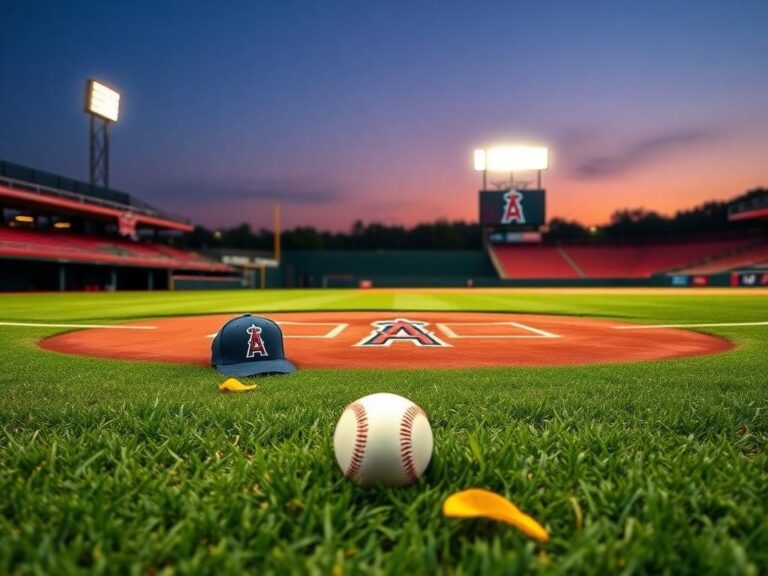 Flick International A serene baseball field at dusk with the Los Angeles Angels logo on the pitcher's mound
