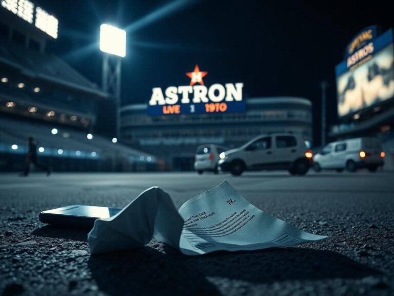 Flick International Blurred bet slip and smartphone warning message outside Houston Astros stadium at night