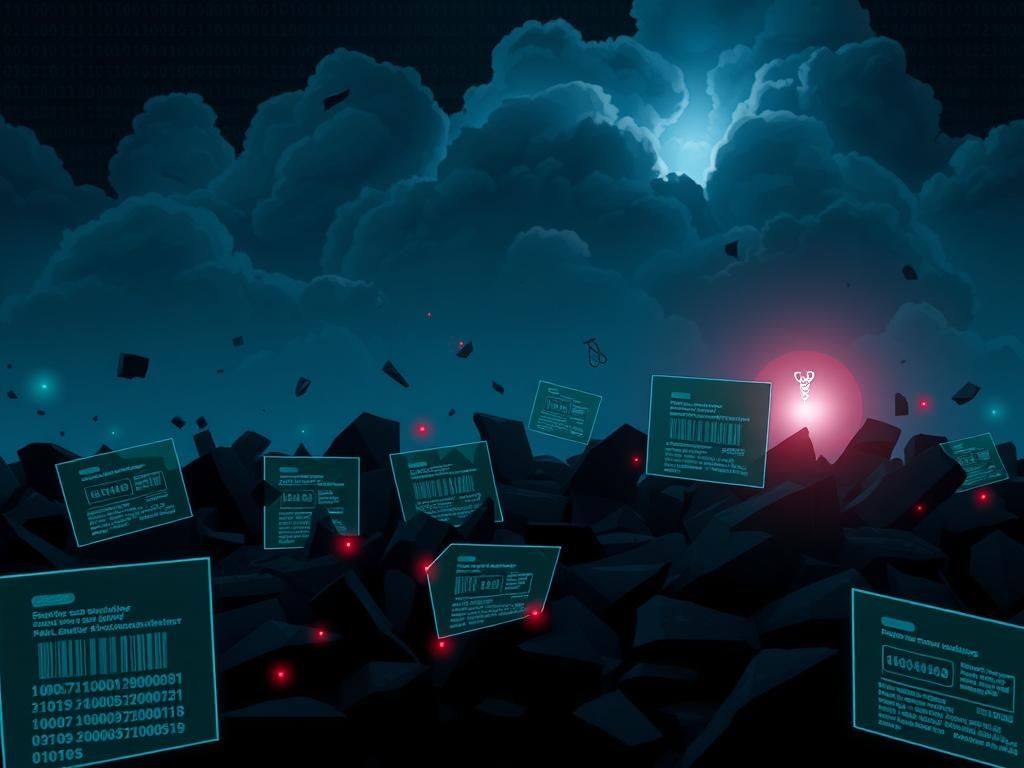 Flick International A stylized representation of a shattered healthcare data vault with holographic screens displaying patient records