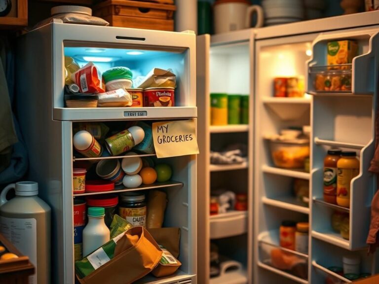 Flick International A cluttered kitchen scene featuring a mini fridge filled with labeled personal groceries and a disarrayed shared fridge in the background.