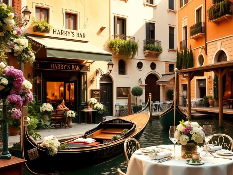 Flick International Exterior view of Harry's Bar in Venice with wedding decorations