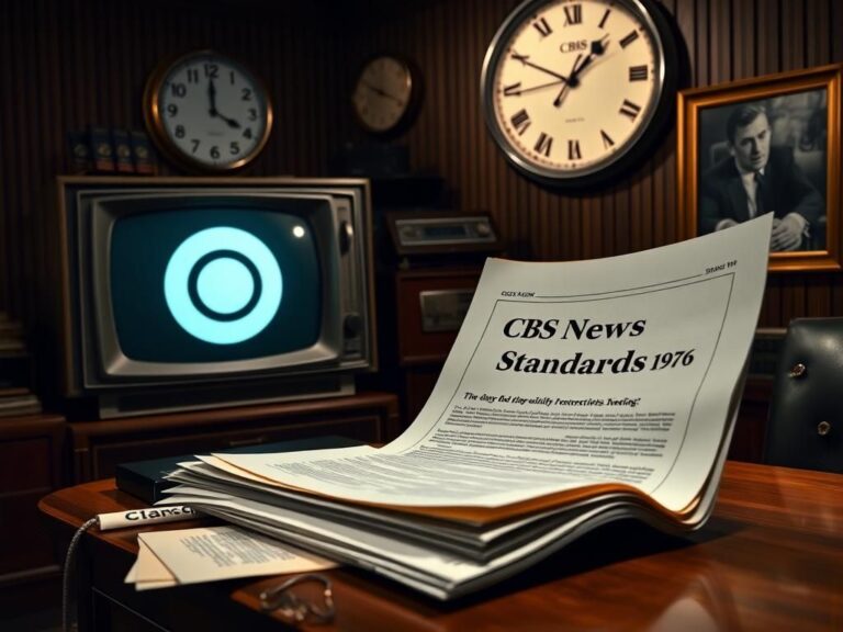 Flick International Dimly lit newsroom with 1970s vintage elements and CBS logo
