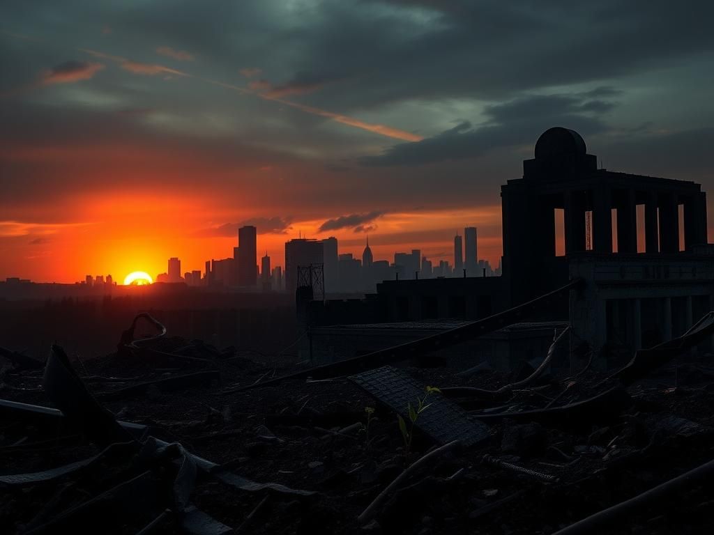 Flick International Desolate landscape representing Hiroshima after the atomic bombing, with a charred skyline and a haunting sunset sky.