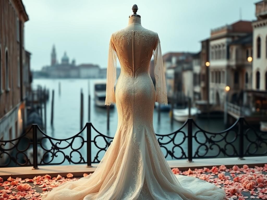 Flick International Elegant wedding gown inspired by Sophia Loren, displayed on a vintage dress form