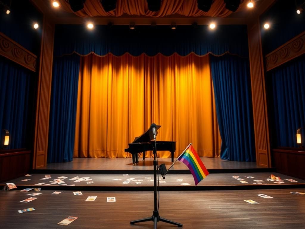 Flick International A dramatic empty stage at the Kennedy Center with a grand piano and rainbow flag