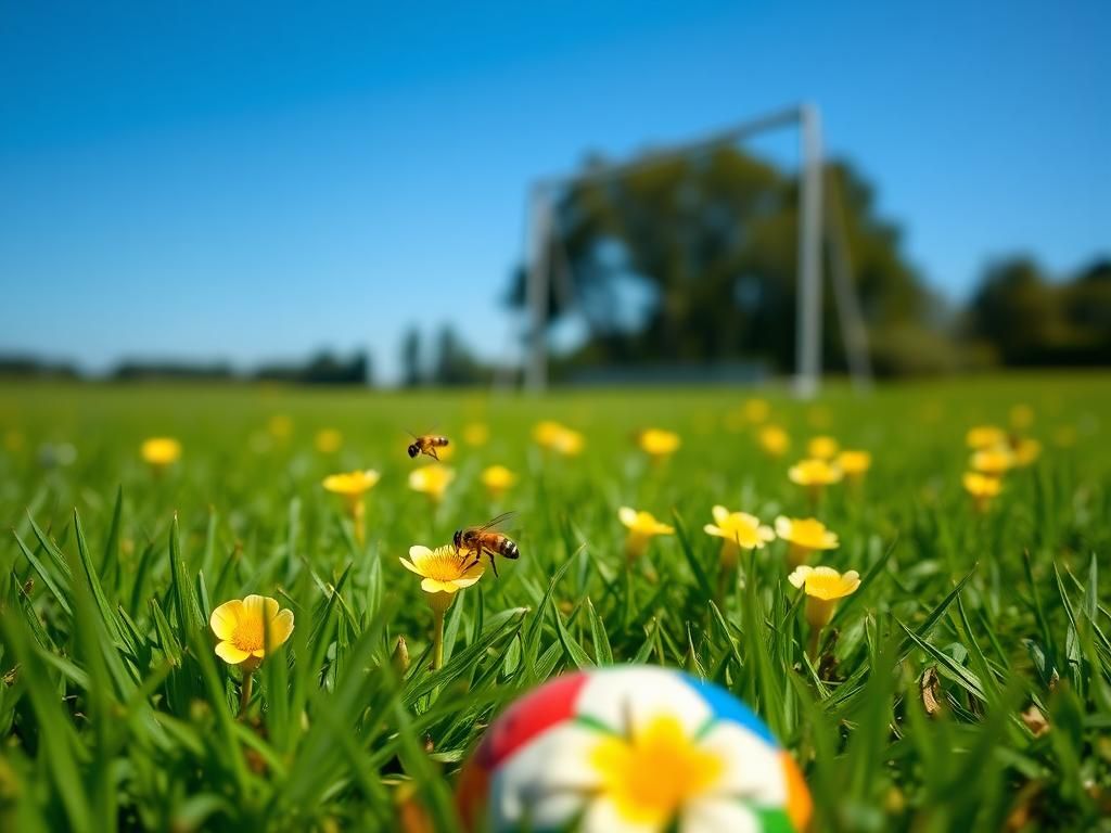 Flick International Close-up of a lush green polo field with a shiny multicolored polo ball and bees hovering near flowers