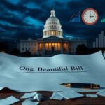 Flick International Dramatic view of the Capitol building at dusk with 'One Big Beautiful Bill' blueprint on a table