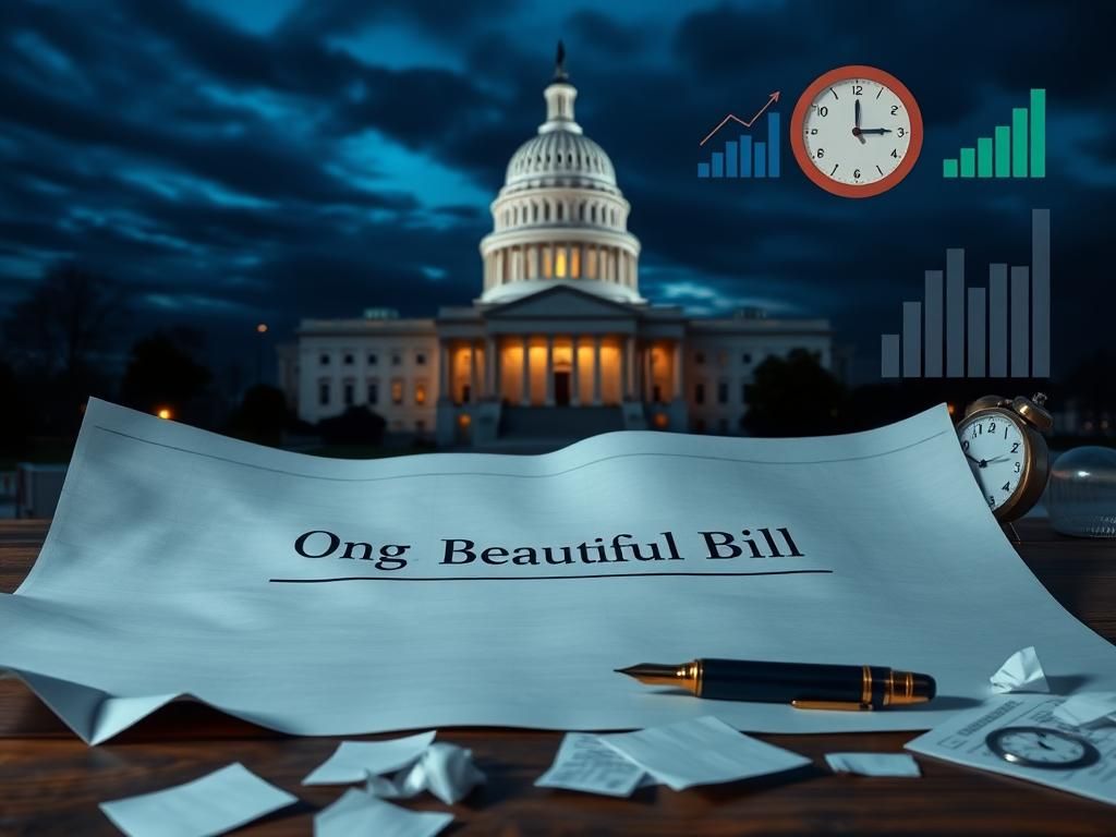 Flick International Dramatic view of the Capitol building at dusk with 'One Big Beautiful Bill' blueprint on a table