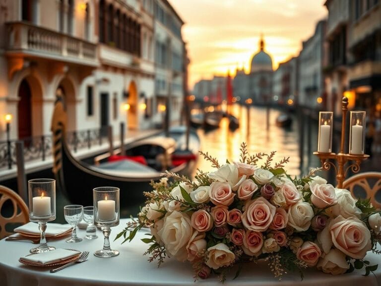 Flick International A glamorous wedding scene in Venice with a gondola and floral arrangements