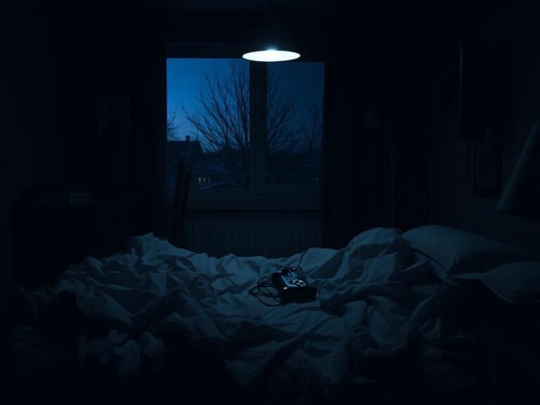 Flick International Dimly lit university apartment illustrating tension and uncertainty with an unmade bed and abandoned video game controller