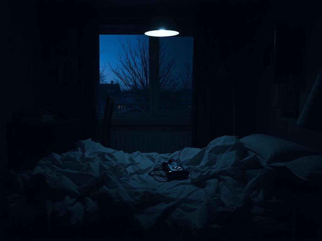 Flick International Dimly lit university apartment illustrating tension and uncertainty with an unmade bed and abandoned video game controller