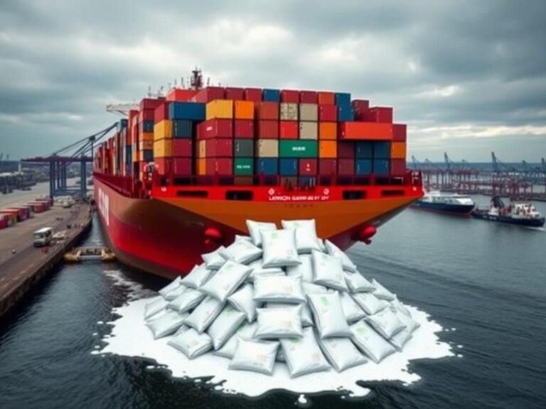 Flick International Dramatic aerial view of London Gateway port with a container ship docking and cocaine packages visible