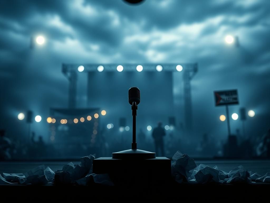 Flick International A desolate concert stage with a solitary microphone and crumpled papers under a cloudy sky