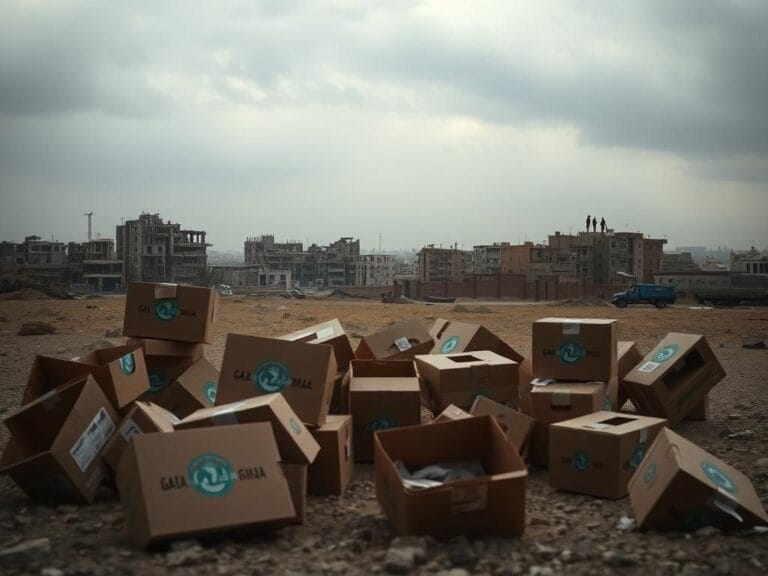Flick International A dramatic landscape of Gaza showing abandoned food distribution boxes amid a partially destroyed skyline