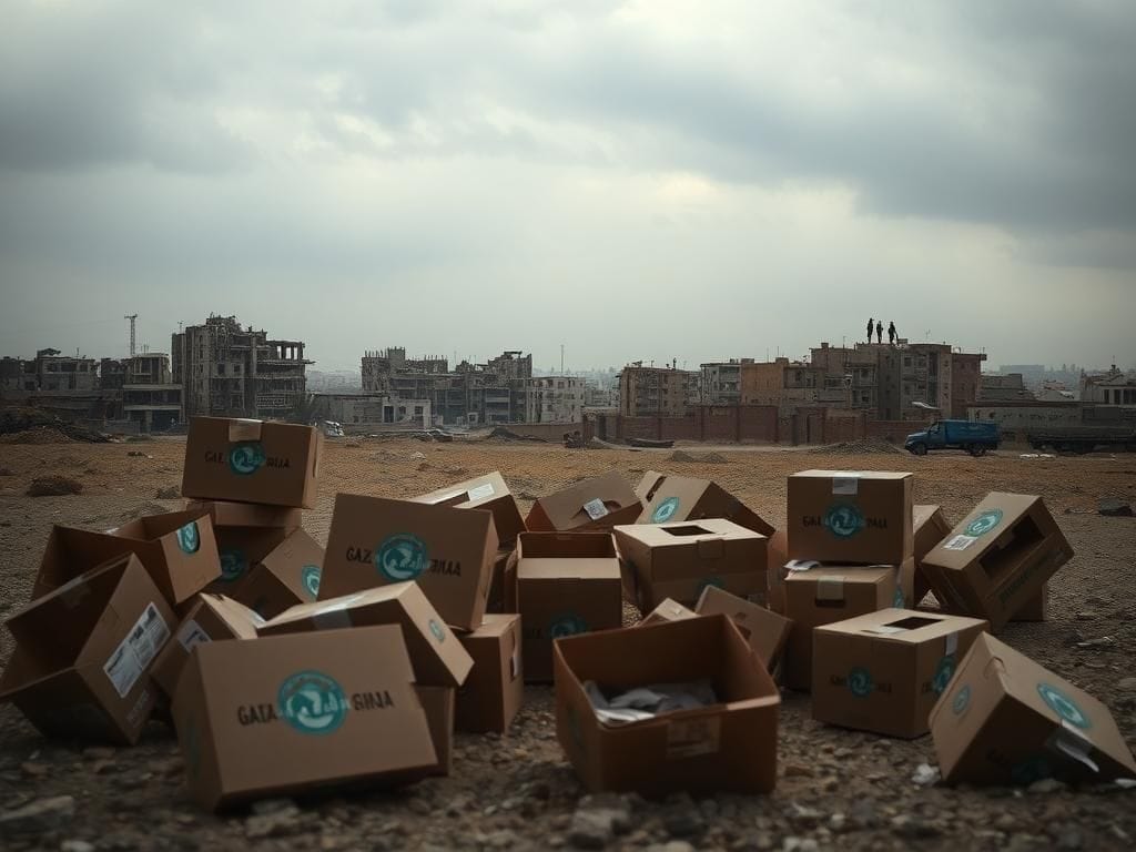 Flick International A dramatic landscape of Gaza showing abandoned food distribution boxes amid a partially destroyed skyline