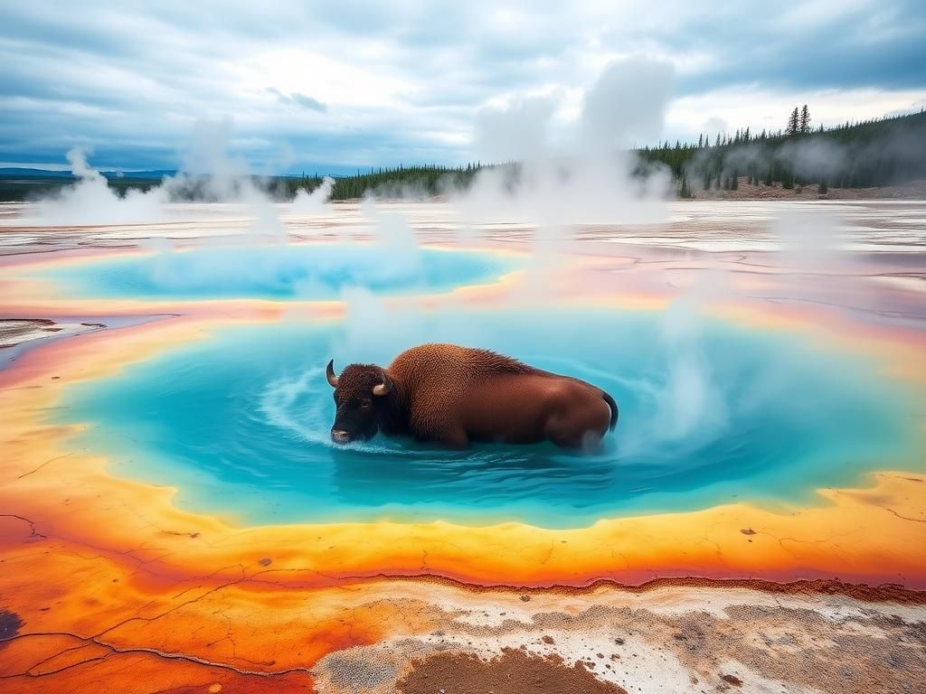 Flick International Bison carcass partially submerged in the Grand Prismatic Spring at Yellowstone National Park