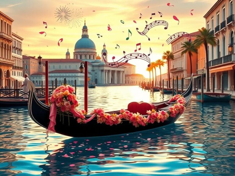 Flick International Elegant gondola on a Venetian canal adorned with flowers at sunset
