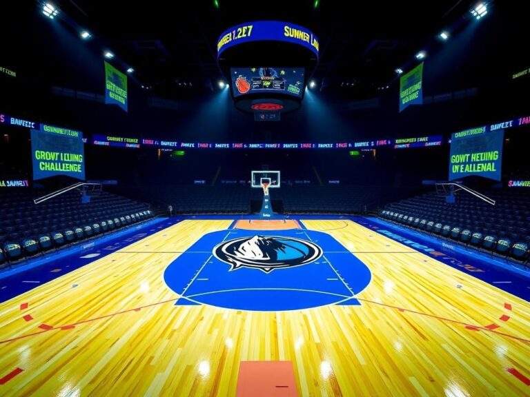Flick International Dynamic NBA Summer League basketball court with spotlight focused on the center emblem