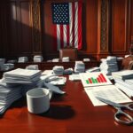 Flick International Congressional chamber with stacks of bills and documents representing budget proposals.