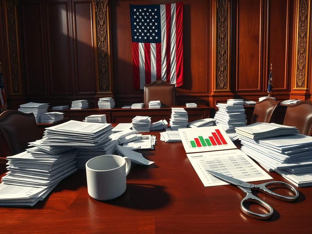 Flick International Congressional chamber with stacks of bills and documents representing budget proposals.