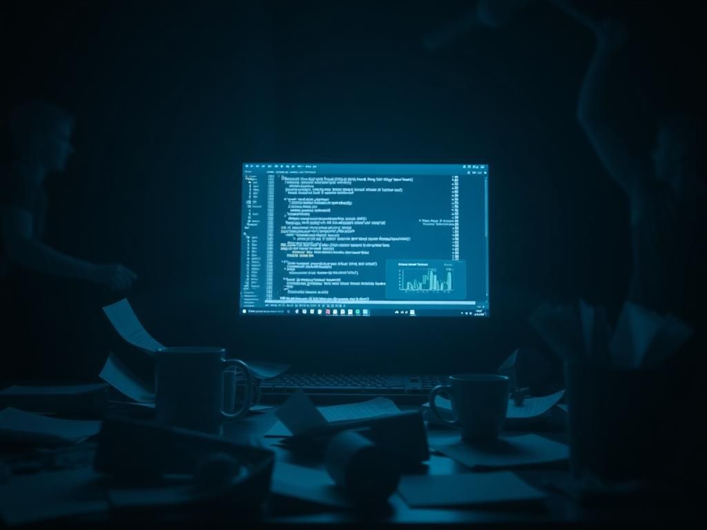 Flick International Dimly lit computer screen displaying code and athlete silhouettes in a dark office setting