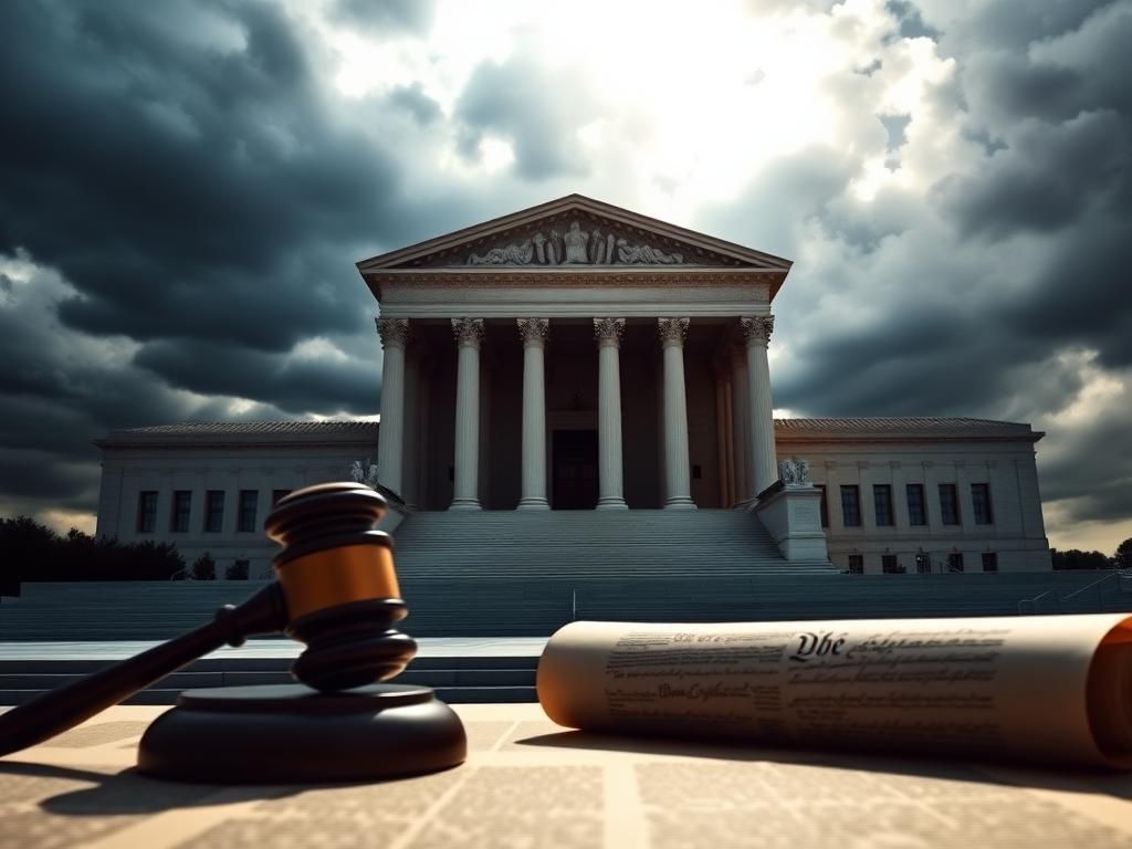 Flick International U.S. Supreme Court building silhouetted against a stormy sky with gavel and Constitution document in the foreground