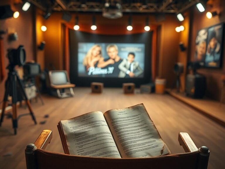 Flick International A vintage sound stage with film equipment and a fluttering script