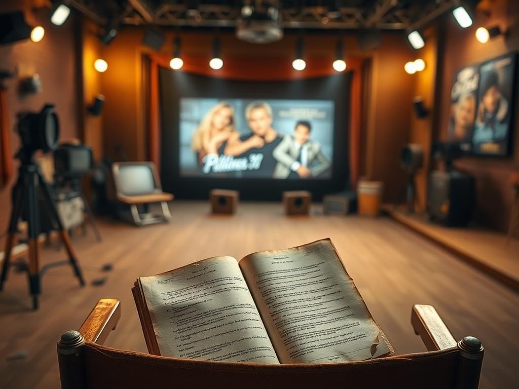 Flick International A vintage sound stage with film equipment and a fluttering script