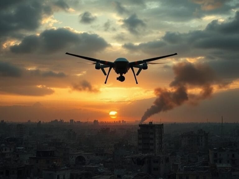 Flick International Aerial view of war-torn Gaza City with damaged buildings and a hovering military drone