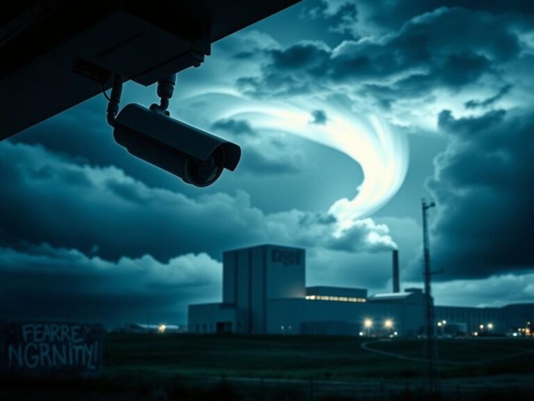 Flick International High-tech surveillance camera at modern nuclear facility under stormy sky