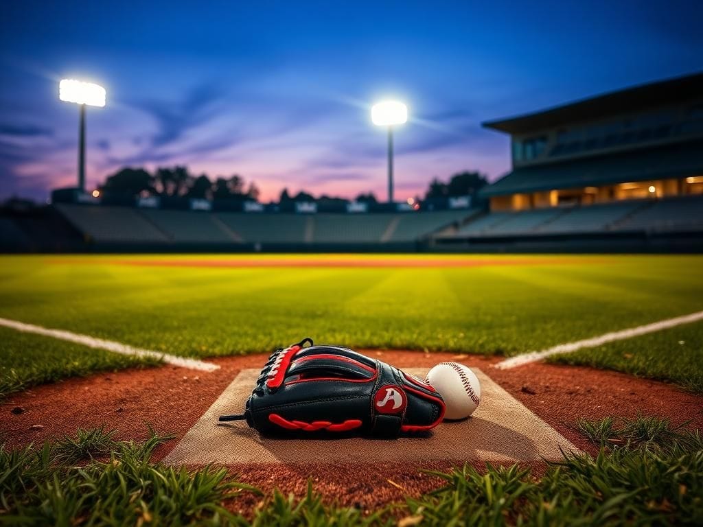 Flick International A black and red baseball glove and a shiny new baseball on home plate at a baseball diamond at dusk