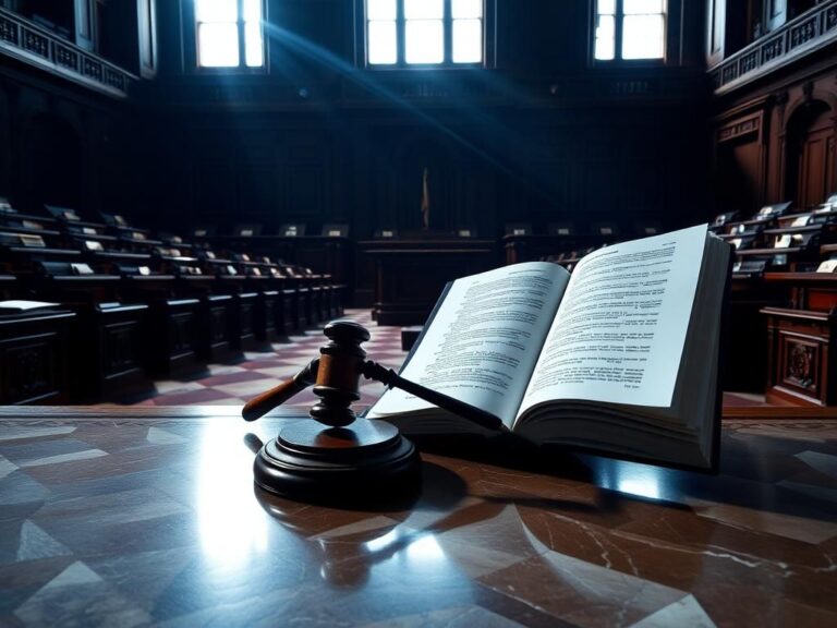 Flick International Empty Senate chamber with ornate wooden desks and an open bill