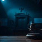 Flick International Tense courtroom scene with an empty witness stand under dramatic lighting