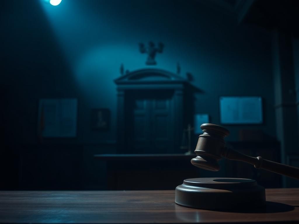Flick International Tense courtroom scene with an empty witness stand under dramatic lighting