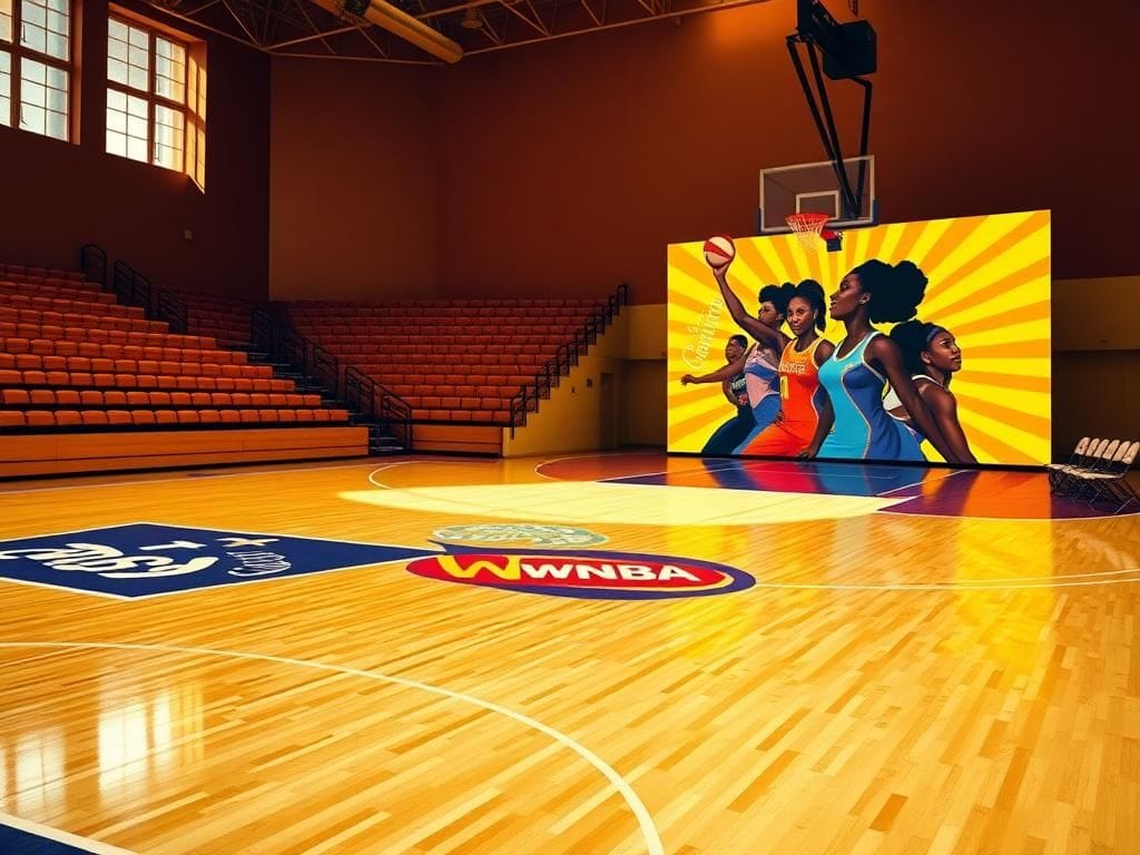 Flick International A vibrant basketball court adorned with a mural celebrating Black female athletes
