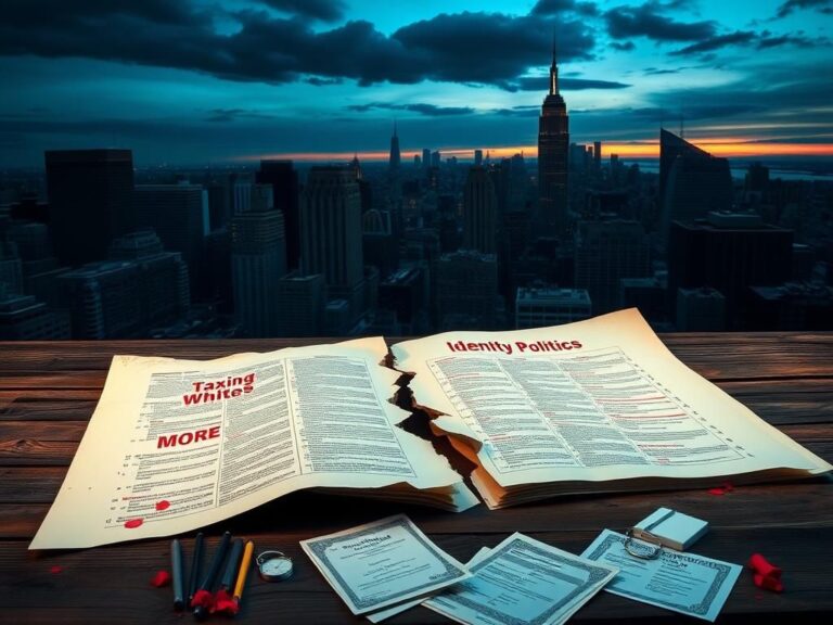 Flick International Dusk skyline of New York City with a cracked tax code document symbolizing property tax debate