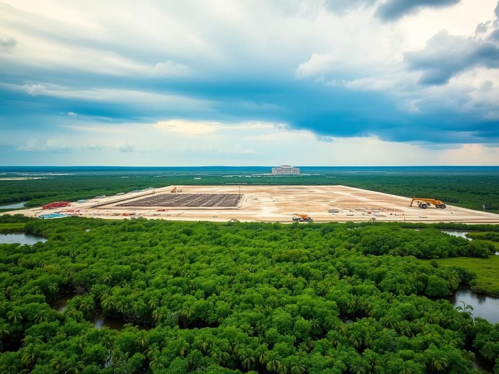 Flick International Aerial view of the construction site for the Alligator Alcatraz detention center near the Everglades, showcasing machinery amidst vibrant mangroves.
