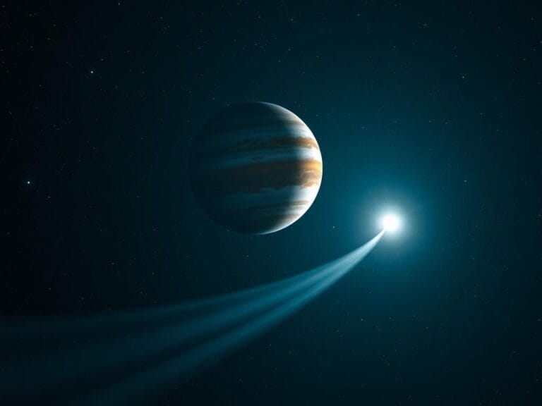 Flick International Distant gas giant resembling Jupiter, AT2021uey b, with swirling clouds in deep space.