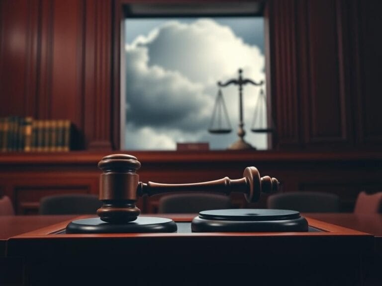 Flick International Oversized gavel resting on a judge's bench in a courtroom surrounded by law books and dark wooden paneling