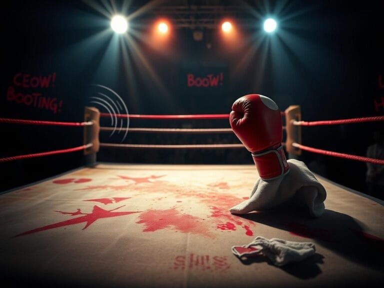 Flick International Dramatic scene in a boxing ring featuring a triumphant red glove on the ropes amidst a booing crowd.