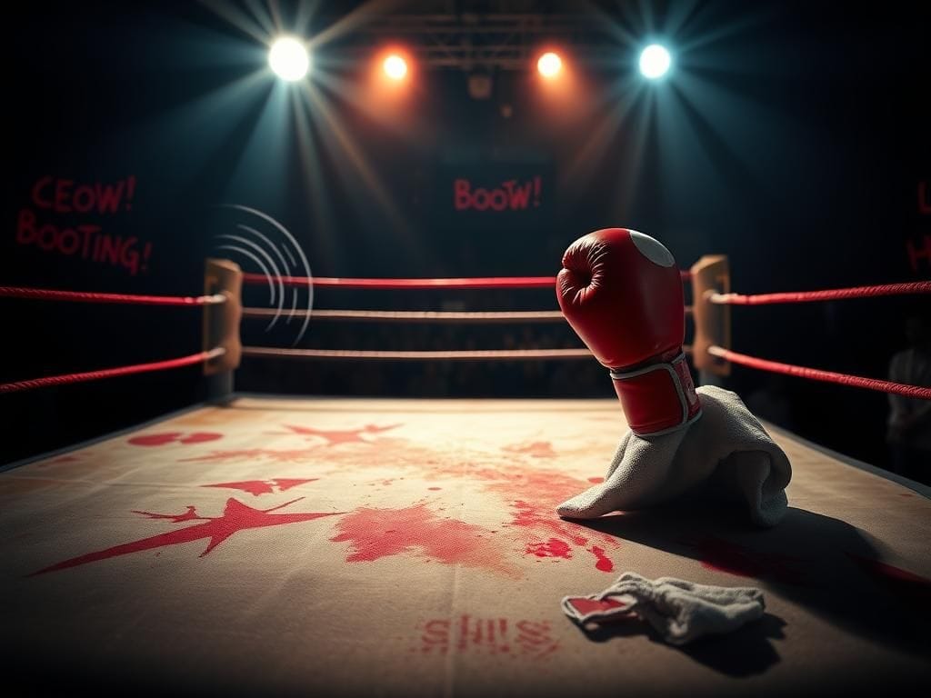 Flick International Dramatic scene in a boxing ring featuring a triumphant red glove on the ropes amidst a booing crowd.