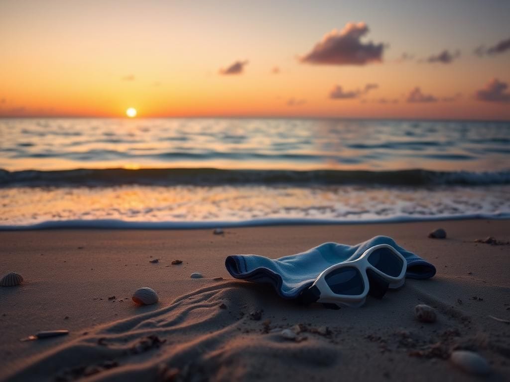Flick International Scene at Hampton Beach with diving goggles and towel on sand