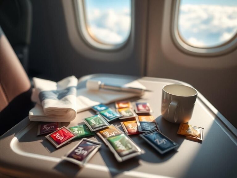 Flick International Close-up shot of a well-organized airplane tray table featuring smokeless nicotine pouches and an empty cup