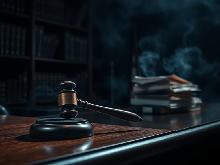 Flick International Dark, moody courtroom scene depicting a gavel and legal books
