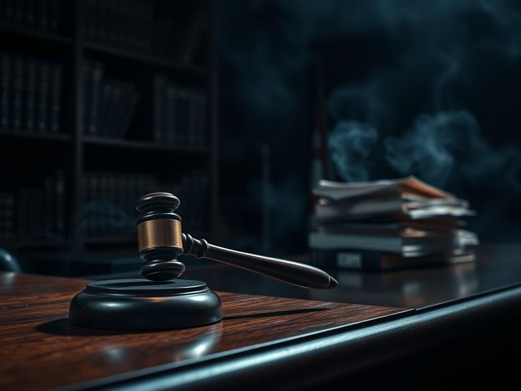 Flick International Dark, moody courtroom scene depicting a gavel and legal books