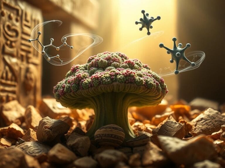 Flick International Close-up view of the Ancient 'pharaoh's curse' fungus, Aspergillus flavus, against a backdrop of ancient Egyptian artifacts.