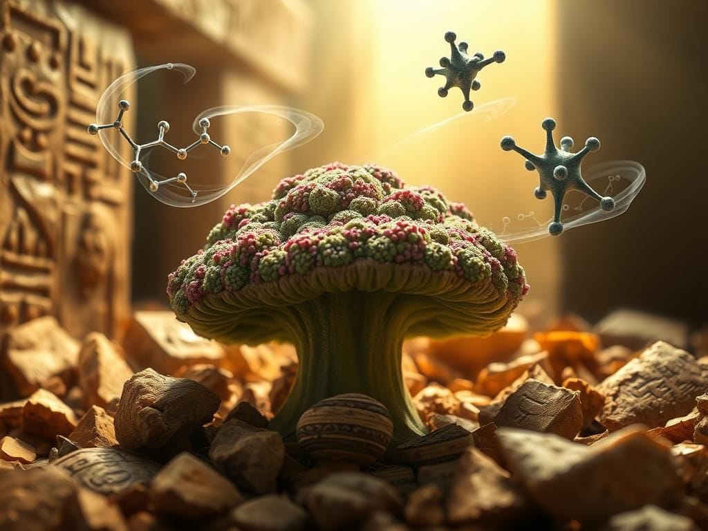 Flick International Close-up view of the Ancient 'pharaoh's curse' fungus, Aspergillus flavus, against a backdrop of ancient Egyptian artifacts.