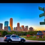 Flick International A vibrant city skyline of Dallas, Texas at twilight with a police vehicle and community park in the foreground
