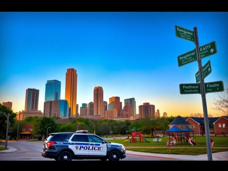 Flick International A vibrant city skyline of Dallas, Texas at twilight with a police vehicle and community park in the foreground