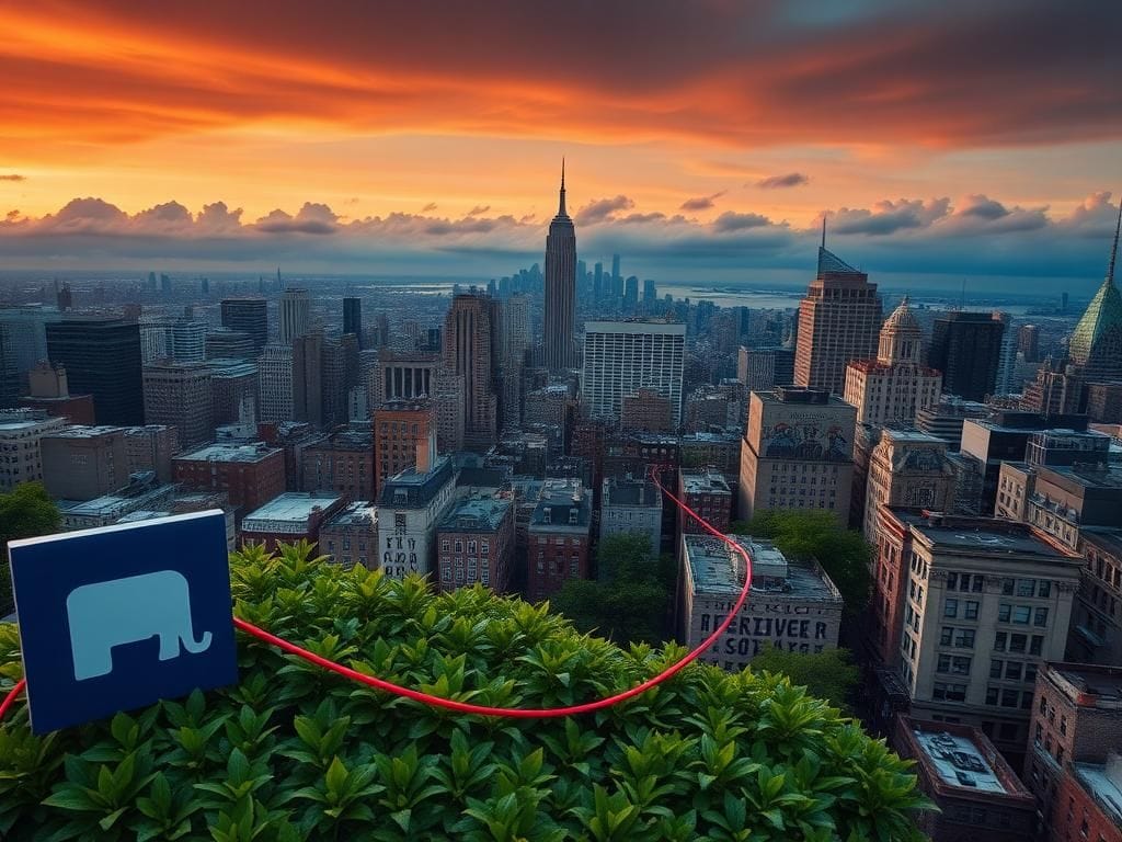 Flick International Urban landscape of New York City at dusk with Democratic Party emblem and activism elements